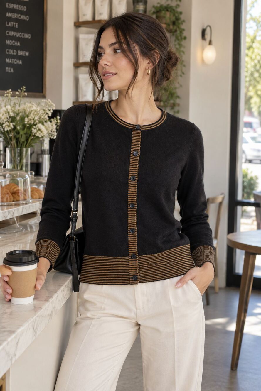 Golden Line 100% Wool Cardigan Black Brown Striped Trim XXS XS Women Button Up - Picture 10 of 16